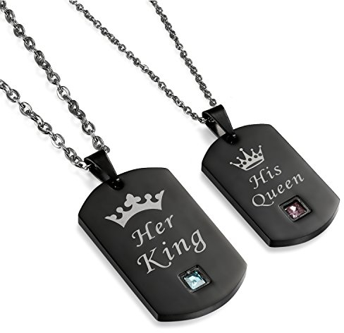Flongo 2 Stück Partner Anhänger Halskette Set, Zirkonia Edelstahl Halskette Kette Her King, His Queen Gravur Krone Erkennungsmarke Dog Tag Schwarz Silber Valentines Partner Ketten Herren,Damen