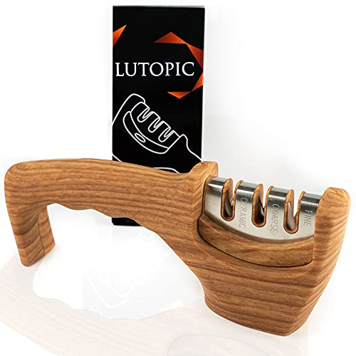 LUTOPIC Messerschärfer Profi [HOLZOPTIK] Messerschleifer, Messer schärfen, knife sharpener, Schleifgerät, manuelle messerschärfer | Schärfer schleifen Schleifer Schärfstation | Jetzt Messer schärfen