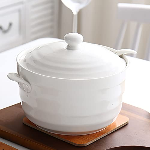 Hengqiyuan Soupière Porcelaine avec Cuillère Ceramic Cooking Pot/Clay Pot/Earthen Pot/Ceramic Cookware with White Lid Heat-Resistant,2200ML