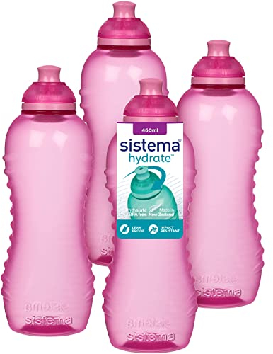 Sistema Squeeze Twist 'n' Sip Sports Water Bottles | 460 ml | Leakproof Kids Water Bottles | BPA-Free | Pink | 4 Count