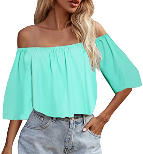 VEMOW Camisa Camiseta Mujeres Sexy con Hombros Descubiertos Sexy Raya Blusa Casual Top Shirt Verano de Estampado de Flores Manga Larga Multicolor Tops TeñidoTops con Manga de Linterna