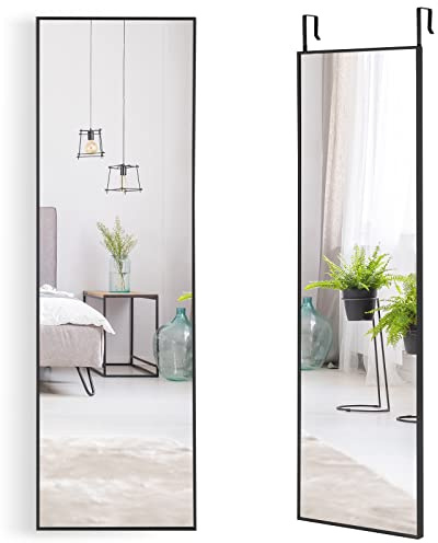 COSTWAY Helkroppsspegel 37x120 cm – Smal Vägg- och Dörrspegel med Höjdjusterbara Upphängningskrokar, Aluminiumram i Borstad Metall, Okrossbart HD-glas, för Sovrum, Vardagsrum och Entré (Svart)