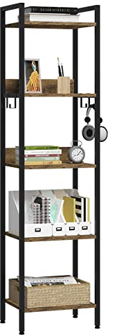 EUGAD Estanteria Almacenaje de 5 Niveles, Industrial, Alta de Pie, de Madera y Metal con 4 Ganchos, Negro + Marrón Rústico, 40x30x152,5cm