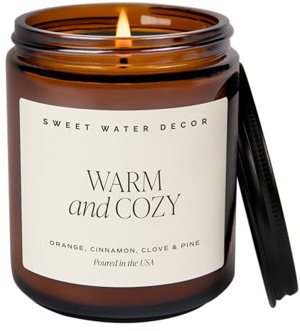 Sweet Water Decor Warm and Cozy Soy Candle - Orange Peel, Cinnamon, Ginger and Clove Scented Candles for Home - 9oz Amber Jar + Black Lid, 40+ Hour Burn Time, Made in the USA