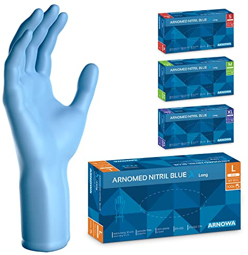 ARNOMED Guanti nitrile monouso blu extra lunghi, Guanti monouso lunghi 30 cm in L, Guanti monouso nitrile extra spessi, 100 pz/scatola, guanti nitrile resistenti usa e getta lunghi S, M, L & XL