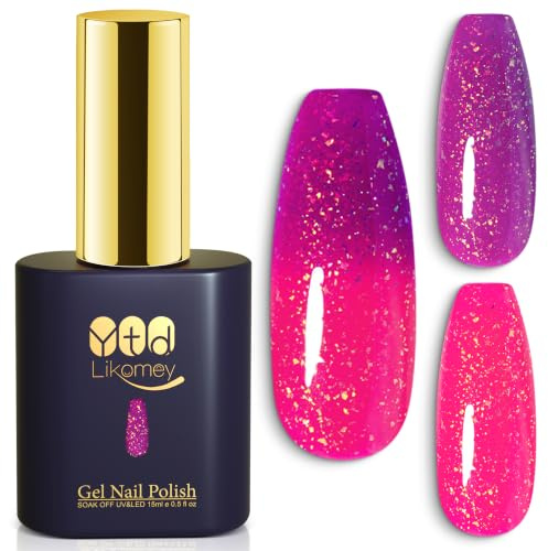 YTD Likomey UV Gel-lack Nagellack,15ml Glitter Ändrar Färg med Temperaturen Nagellack,Färgskiftande Manikyr Gel Polish,Kameleontfärg Gellack-Knallrosa till Lila WB351