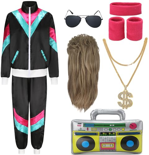 FOVER 80er Jahre Outfit Herren 80er 90er Jahre Accessoires Damen Kostüm Trainingsanzug Pop Art Retro Stil mit Perücke Aufblasbares Radio Schweißband für Mottoparty Fasching Schwarz 027L