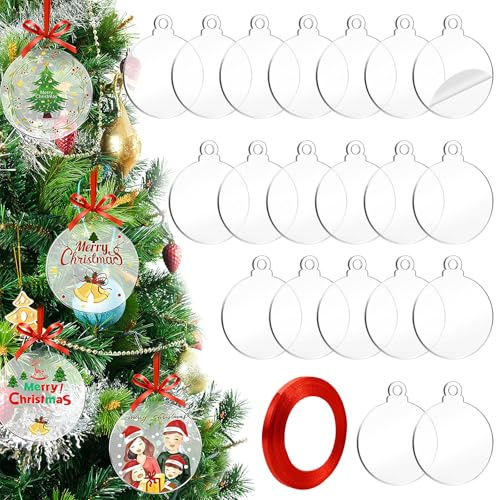 Fantasyon 20Pcs Clear Christmas Acrylic Baubles Blanks, 3 Inch with Ribbon | Blank flat disc ornaments for DIY painting crafts, Christmas tree hanging decorations, red ribbon included for easy hanging