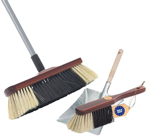 Novaliv Zimmerbesen mit Teleskopstiel ROSSHAAR Mischung Besen weiche Borsten Schrankbesen mit Stiel und Handfeger Kehrblechgarnitur Metall Kehrblechbesen Handkehrset Feger und Kehrblech