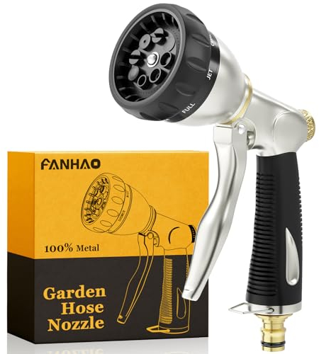 FANHAO Heavy Duty Garden Hose Pipe Spray Gun, 100% Metal Hose Gun with 8 Spray Patterns, High Pressure Hose Nozzle with Non-Slip Grip for Watering Plants & Lawns, Washing Cars & Pets -Black