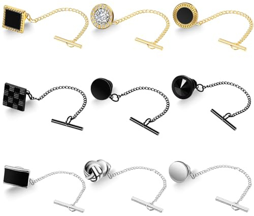 Misdary 9 Pcs Tie Tacks for Men Tie Pin with Chain Black Silver Gold Tack Clutch for Wedding Birthday Business Anniversary