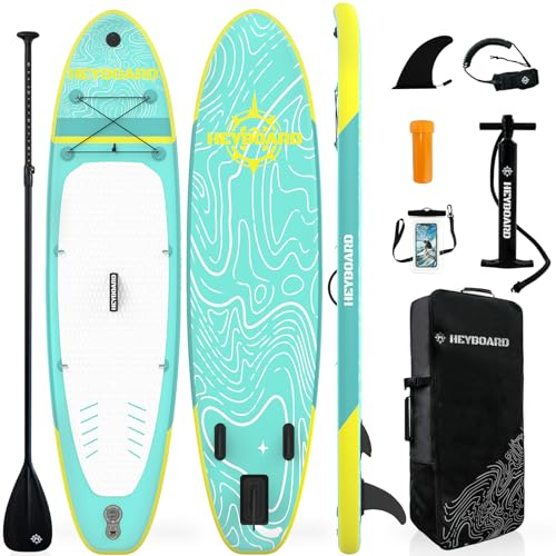HEYBOARD Aufblasbares SUP Board, Stand Up Paddle Board 320x81x15cm mit Premium Zubehör inklusive Rucksack, verstellbarem Paddel, Handpumpe, Leine, Abnehmbarer Flosse, Streifen Mintgrün
