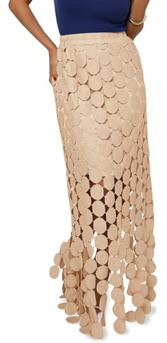 Cicy Bell Womens Hollow Out Maxi Skirts Summer High Waisted Boho Fringe Hem Long Skirt Khaki