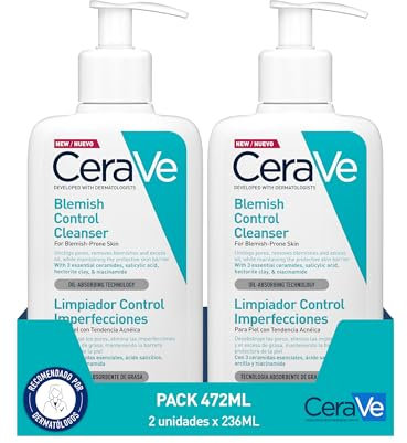 CeraVe Gel Limpiador Control Imperfecciones 2x 236 ml + muestra Cerave Facial SPF50 3 ml, Para Piel con Tendencia Acneica y Grasa, Reduce el Acné, los Puntos Negros y Mejora los Poros.