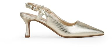 BOSANOVA Zapatos de salón Destalonados para Mujer con Grabado Animal Print, Acabado en Punta y tacón Fino Kitten de 6.5 cm. Cierre de Tira Trasera con Hebilla. Calzado para Mujer Oro 39