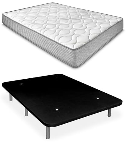Duérmete Online - Cama Completa con Colchón Marko Reversible + Base Tapizada Extra Reforzada con 6 Patas Cilíndricas Metálicas Roscadas, 135 x 190, Negro
