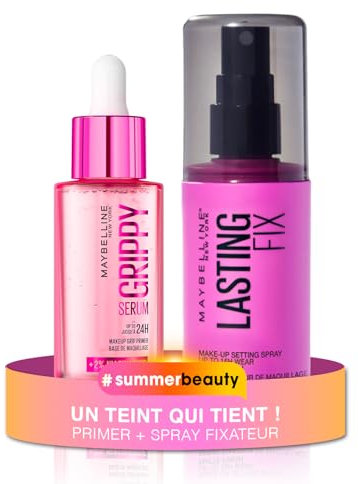 Duo Teint Longue Tenue – Maybelline New York – Grippy Serum Base + Spray Fixateur Lasting Fix – Peau Repulpée & Maquillage Tenue Longue Durée