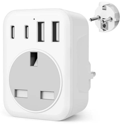 UK To European Plug Adapter,5 IN 1 European Travel Adaptor with 2 USB C & 2 USB A,Grounded EU Plug Adapter for Germany Spain France Turkey Greece etc (Type E/F)