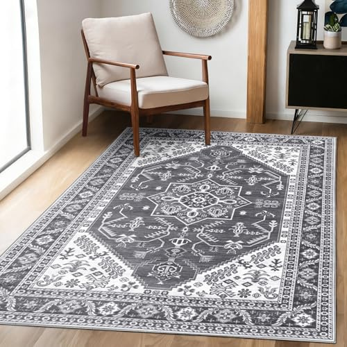 Achiiso Short Pile Rug,120x160cm Vintage Rugs Living Room,Washable Area Rugs for Kitchen,Indoor Low Pile Large Carpets,Soft Non Slip Rug for Dining Room,Lounge,Office,Dark Grey