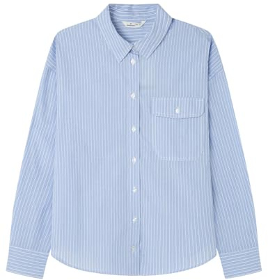 Springfield Oversized Striped Shirt with Front Pocket Blouse, Blue, L para Mujer