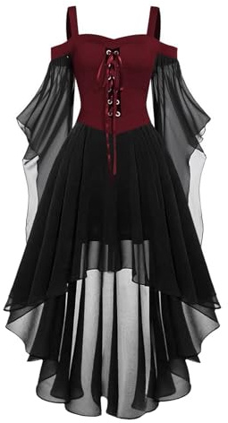 Robe Longue Femme d'halloween Style Gothique Vintage Bicolore, Robe à Bretelles Épaule Nue, Lacets Corset et Jupe Asymétrique, Parfaite pour Déguisements de Vampiress, Fêtes Thématiques et Soirées