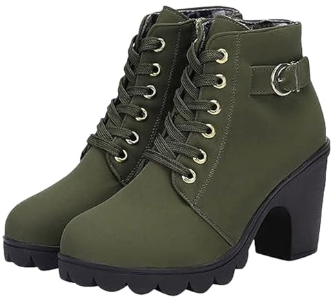 HESYSUAN Botines con cordones para mujer, elegantes, transpirables, encantadoras, gruesas, con hebillas de gamuza, puntera puntiaguda, tacón alto grueso, Green, 38.5 EU
