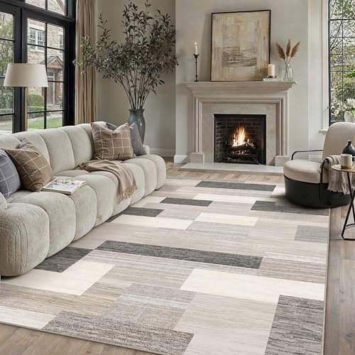 PureCozy Rugs Living Room Area Rug 200x300cm Beige Washable | Bedroom Large Checkered Carpet,Non Slip,Lounge Office Dining Room Low Pile Modern Geometric Carpets