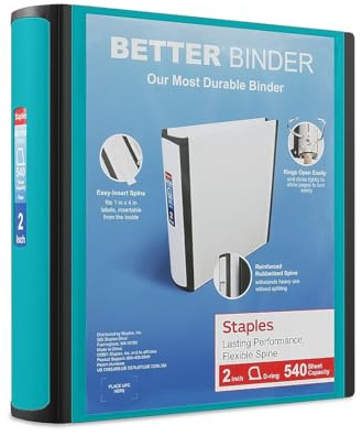 Staples Better Binder 2-Inch D-Ring View Binder, Reinforced Spine, Holds Up to 540 Sheets, Teal, for Office & School