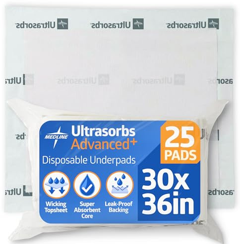 Medline Ultrasorbs Drypads, 30 x 36, 25 Count, Super Absorbent Disposable Bed Pads, Large Incontinence Bed Pads, Chucks Protective Underpads, 10 Times More Absorbent, For Adults, Elderly