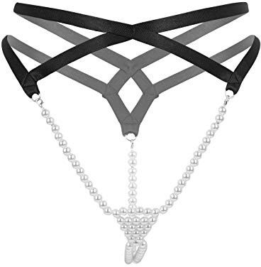 FEESHOW Frauen Sexy Strings Micro Slip Tanga Thong mit zweireihiger Perlen T-Back Perlenstring Erotik Dessous Schlüpfer Riemen-Schwarz Einheitsgröße
