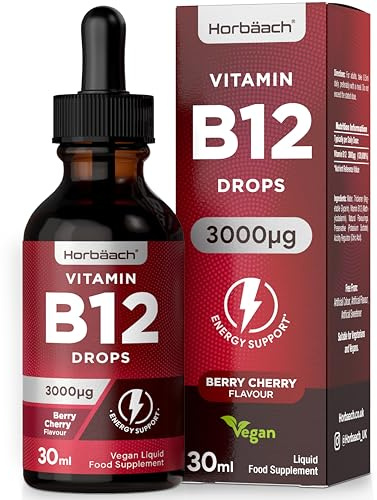 Vitamin B12 Drops for Adults 3000mcg | Methylcobalamin Liquid | High Strength Spray Alternative| Suitable for Vegans | Berry Cherry Flavour | by Horbaach