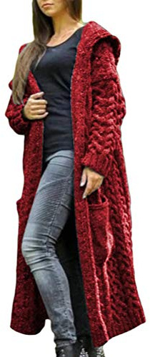shownicer Femme Cardigan Long en Tricot Veste Ouvert Épais Manches Longues Pull Gilet Chaud Casual Capuche Manteau Grosse Maille Sweater Outwear Hiver Vin Rouge M