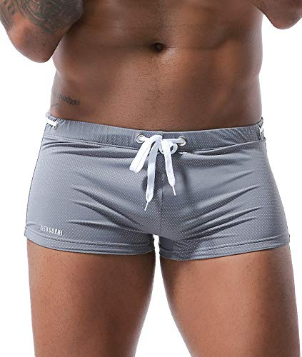 MIZOK Men's Swim Trunk Swimwear Quick Dry Bathing Suit Board Short Sexy Boxer Brief with Drawstring Grey S