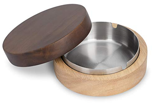 Aschenbecher mit Deckel Groß Edelstahl Hölzern Windaschenbecher Winddicht für Draussen Innen Büro Wohnzimmer Haus Rauchen Zigaretten 12×12×5 cm