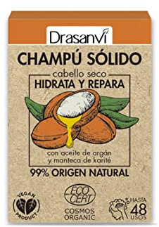 Drasanvi CHAMPÚ SÓLIDO CABELLO SECO CERTIFICADO BIO ECOCERT - Aceite de argán Manteca de karité - 99% Origen Natural - VEGANO - 80g