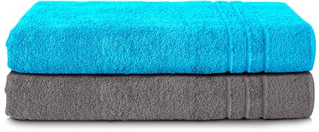 Komfortec 2er Saunatuch Set 80x200 cm aus 100% Baumwolle, XXL-Saunatücher, Sauna Handtuch, Weich, Groß, Frottee, Schnelltrocknend, Anthrazit Grau/Türkis