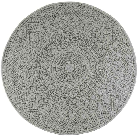 Knutzen Wohnen Palma In- & Outdoor Teppich Rund wetterfest Ø 120 cm Silber hell - Boho Teppich - Mandala Teppich - dekoratives Element für den Innen- oder Außenbereich