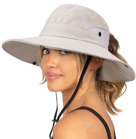 DRESHOW Mujer Sol Sombrero Al aire Libre UV Protección Sombrero Plegable Ala Ancha Pesca Ponytail Playa Bucket Sombreros