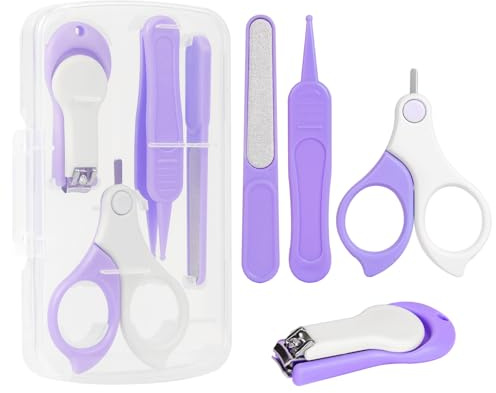 Vicloon Kit de Uñas de Bebé, Juego de cortaúñas para bebé, 4 en 1 Juego de Cuidado de Uñas para Bebés con Caja de Almacenamiento, con Ttijeras, Cortaúñas, Barra para Pulir Uñas y Pinzas, Púrpura