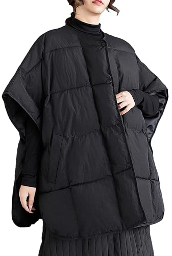 ellazhu Women's Coat Button Down Batwing Sleeve V Neck Black Plaid Two Side Pockets GZ325