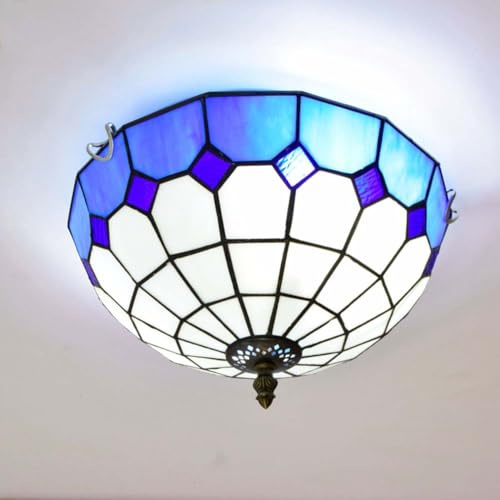 LOGT Tiffany Taklampa Blå Medelhavsstil Loftlampa Rund Barnrumslampa Handgjorda Taklampor i färgat Glas Inbyggt Glas Lampskärm Vägglampa E27 Ljuskälla 30CM