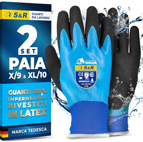 S&R Guantes de Trabajo Impermeables 2 PARES para Hombre Mujer Tallas 9 y 10. Guantes de protección Bricolaje Jardinería Mecánicos Pesca