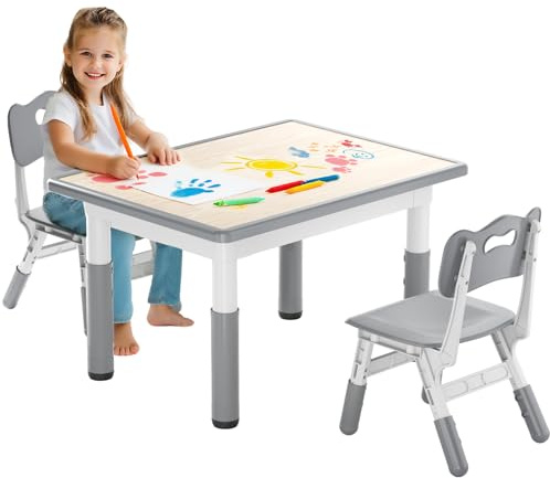 Kidsgigglz Mesa infantil con 2 sillas, grupo de asientos para niños, altura regulable de HDPE y ABS, mesa de juegos multifuncional para niños a partir de 2 – 10 años, juego de sillas ergonómicas para