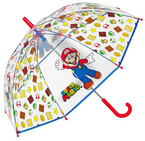 PERLETTI Paraguas Niño Super Mario Transparente con Apertura Manual - Paraguas Niños Niñas 3 4 5 6 Años Antiviento Largo Resistente - Paraguas Infantil Ligero Azul Rojo Mario Bros - Diámetro 69 cm