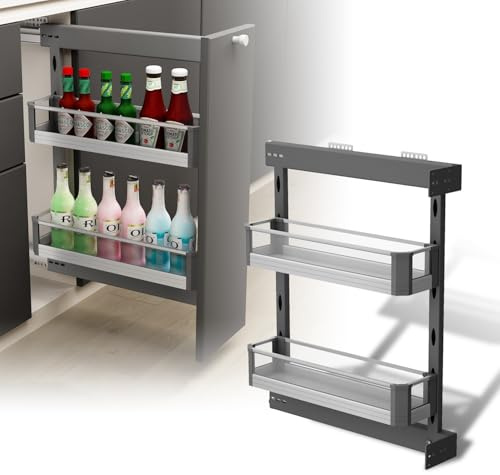 Vadania Ausziehbarer Küchen-Schmalerauszugkorb für 200 mm Schränke, 2 Ebenen Gewürzregal Organizer, Glas-Seitenwände, Soft-Close, Links/Rechts Montage