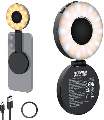 NEEWER Entry Level Version Magnética Luz Selfies Portatil Compatible con iPhone MagSafe, 4 Modos CRI95+ 914lx 1.5W Phone Aro Foco Movil LED Plegable Plástico para Fotografia Maquillaje Video, NL40R