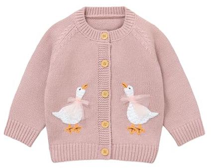 DovFanny Baby Toddler Girl Cardigan Warm Sweater Floral Long Sleeve Jumpers Coats Knitted Clothes with Cute Goose (UK, Age, 12 Months, 18 Months, Pink)