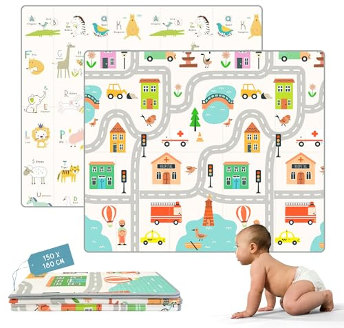 HUBORNS - Alfombra bebé plegable acolchada 180×150 cm para juegos y gateo, manta de actividades impermeable y reversible, tapete infantil antideslizante, regalo ideal recién nacidos (Ciudad L)