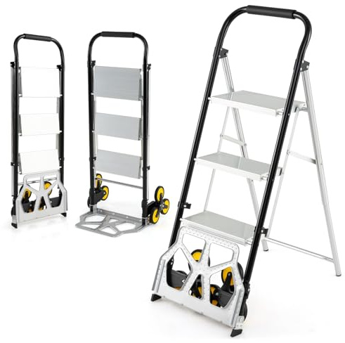COSTWAY 2-in-1 Treppensackkarre mit Leiter, Sackkarre Treppensteiger klappbar mit Gummirädern Treppenkarre max. 100KG, 3-Stufen Trittleiter max. 250KG, Alu Klappkarre für Zuhause, Lager, Büro