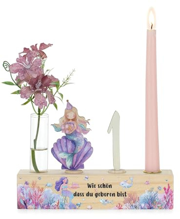 Romadedi Meerjungfrau Geburtstag Deko für 1. Mädchen - Kindergeburtstag Geburtstagszug Holz Geburtstagskranz Geburtstagsteller Kerzenhalter Geschenke Party Deko